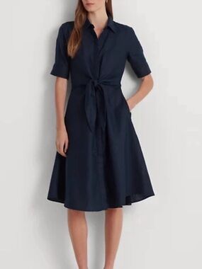 NWT Ralph Lauren Navy Tie-Front Midi Shirt Dress